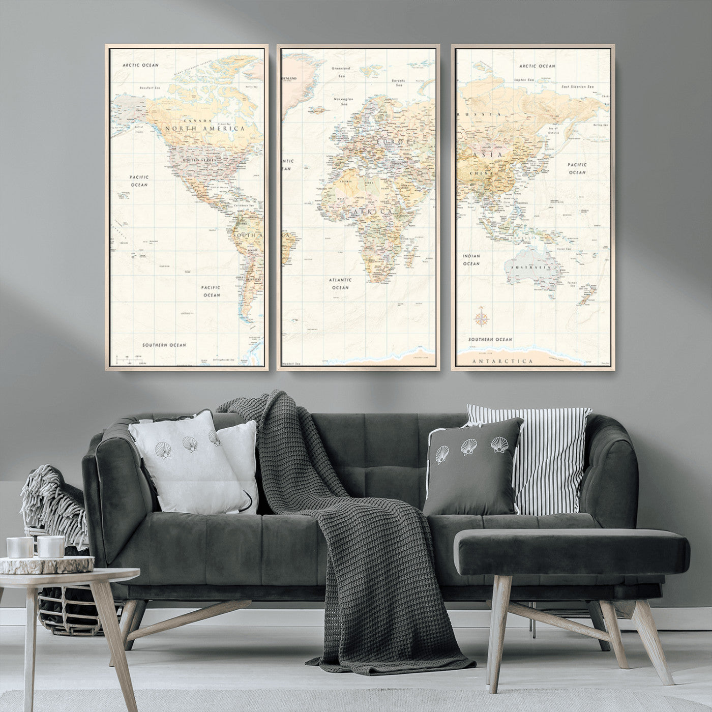 An antique-style world map showing continents, countries, and oceans with soft beige tones, detailed borders, and classic typography, enhanced by a subtle grid overlay and a vintage compass rose.