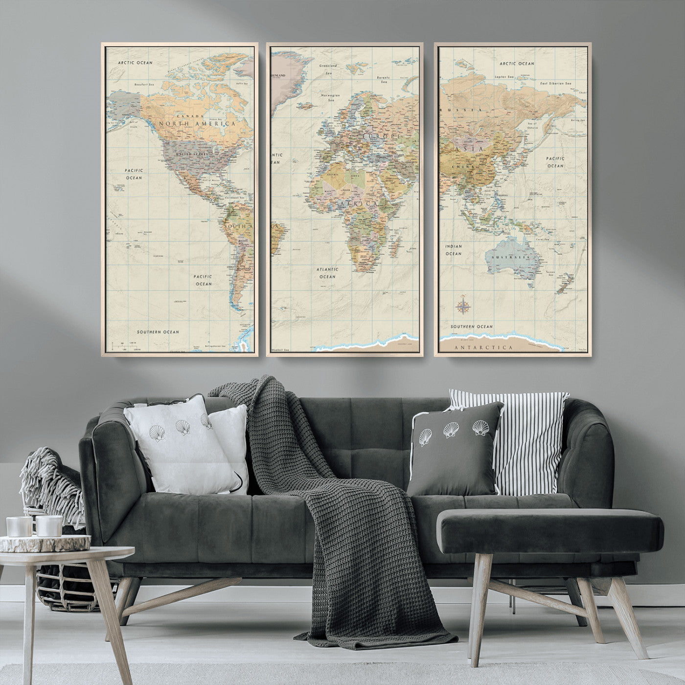 A detailed vintage-style political world map displaying continents, countries, and oceans with clear borders and labels, set on a beige textured background with grid lines.