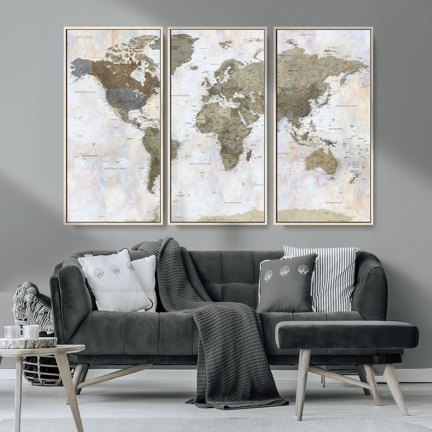 World map printed on a textured canvas with soft muted earth tones and a weathered background, showing detailed countries and continents, perfect for vintage-style wall art.