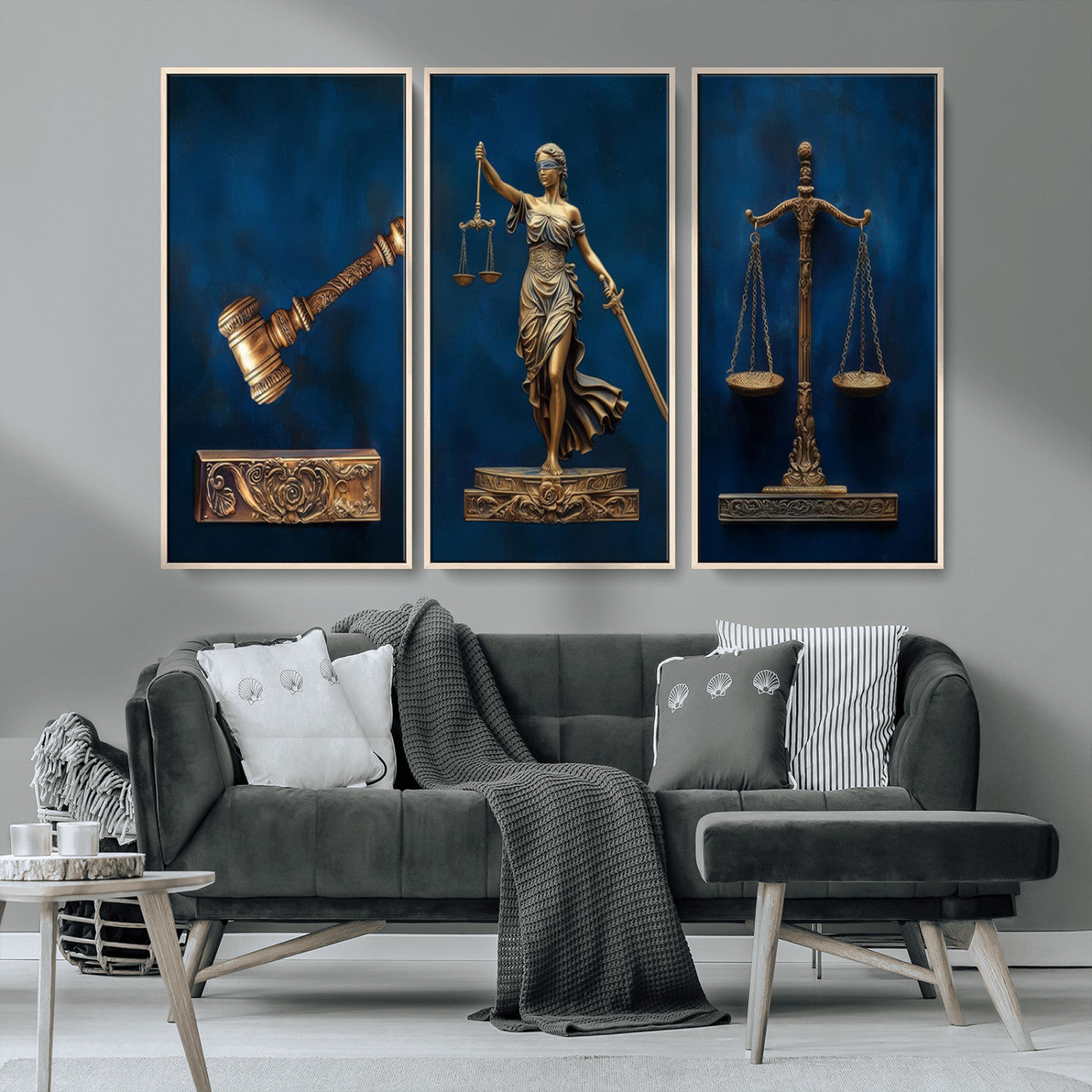 MGV-FC-48X32-3P - Lady Justice Wall Art Canvas Print – Elegant Gold Legal Symbols on Blue Background, Perfect for Law