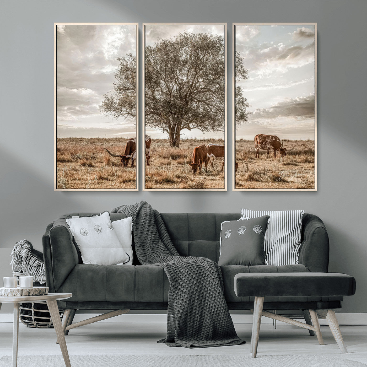 Texas Longhorn Cattle Wall Art Canvas Print – Rustic Western Ranch Scene with Steers at Sunset, Perfect for Farmhouse or Cowboy Decor