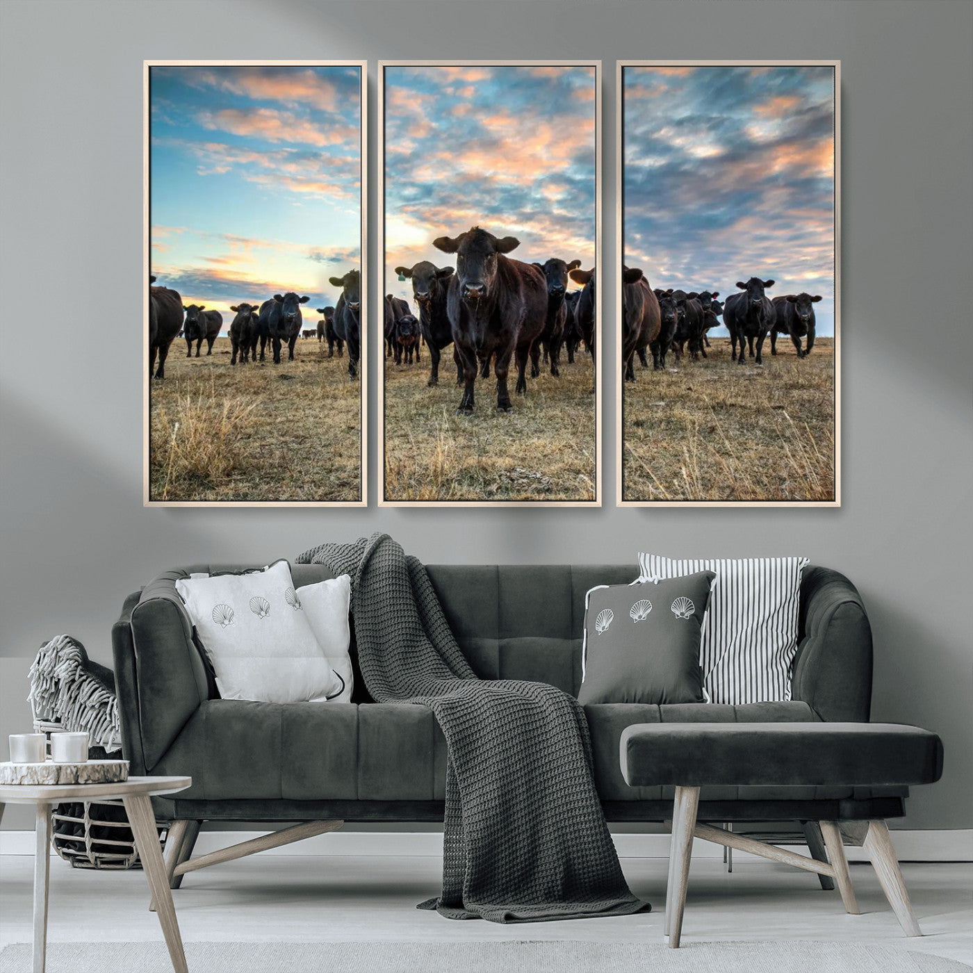 13867292-MGV-CV-36X24-Texas Longhorn Cattle Wall Art Canvas Print – Rustic Western Ranch Scene with Steers at Sunset, Perfect for Farmhouse or Cowboy Decor