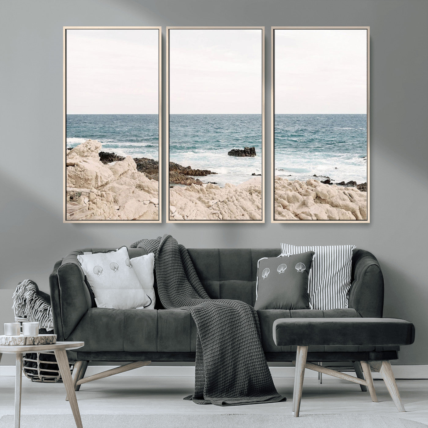 25481980-MGV-CV-36X24-Coastal Ocean View Wall Art Canvas Print – Serene Rocky Shoreline and Blue Sea Photography for Coastal Chic or Minimalist Home Decor