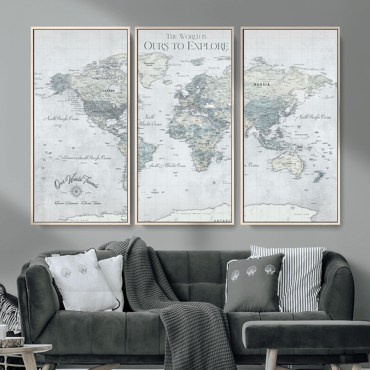 73654056-MGV-FC-48X32-3P - Personalized Push Pin World Map Canvas Print – Custom Framed Travel Tracker Artwork for Couples or Home Decor