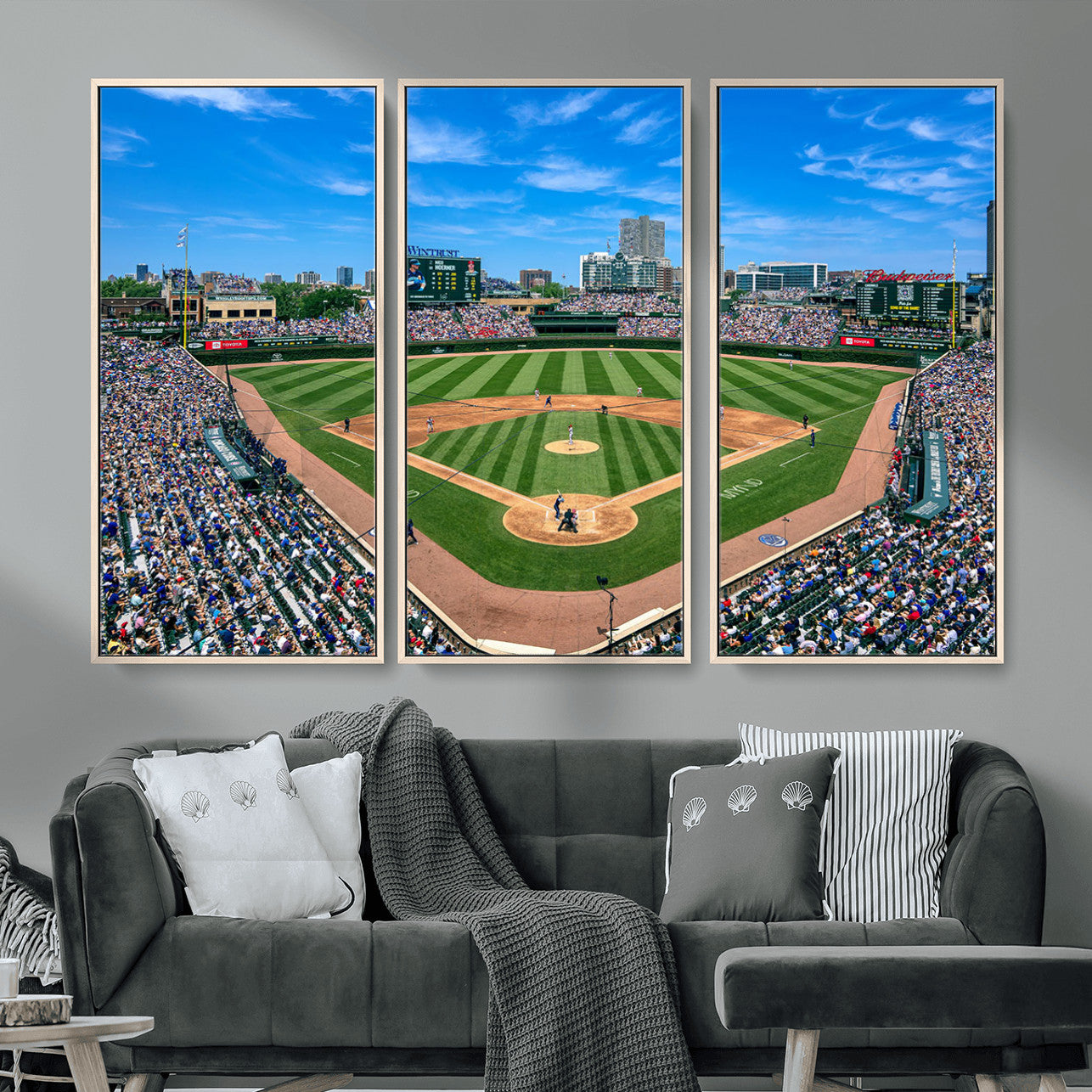 35800083-MGV-FC-48X32-3P - Wrigley Field Baseball Stadium Canvas Wall Art – Packed Crowd Sports Stadium City Skyline Artwork for Home Office