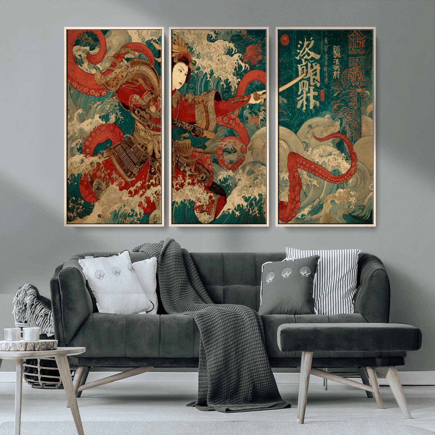 MGV-FC-48X32-3P - Tsukioka Yoshitoshi Samurai Wall Art Print, Japanese Katana Warrior Canvas Wall Art, Octopus Sea Monster Canvas Print,
