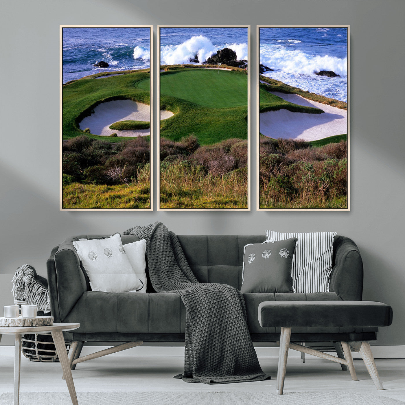 22776914-MGV-CV-36X24-Ocean Cliff Golf Green Canvas Print – Framed Majestic Coastal Scene with Lush Green Artwork for Home, Office