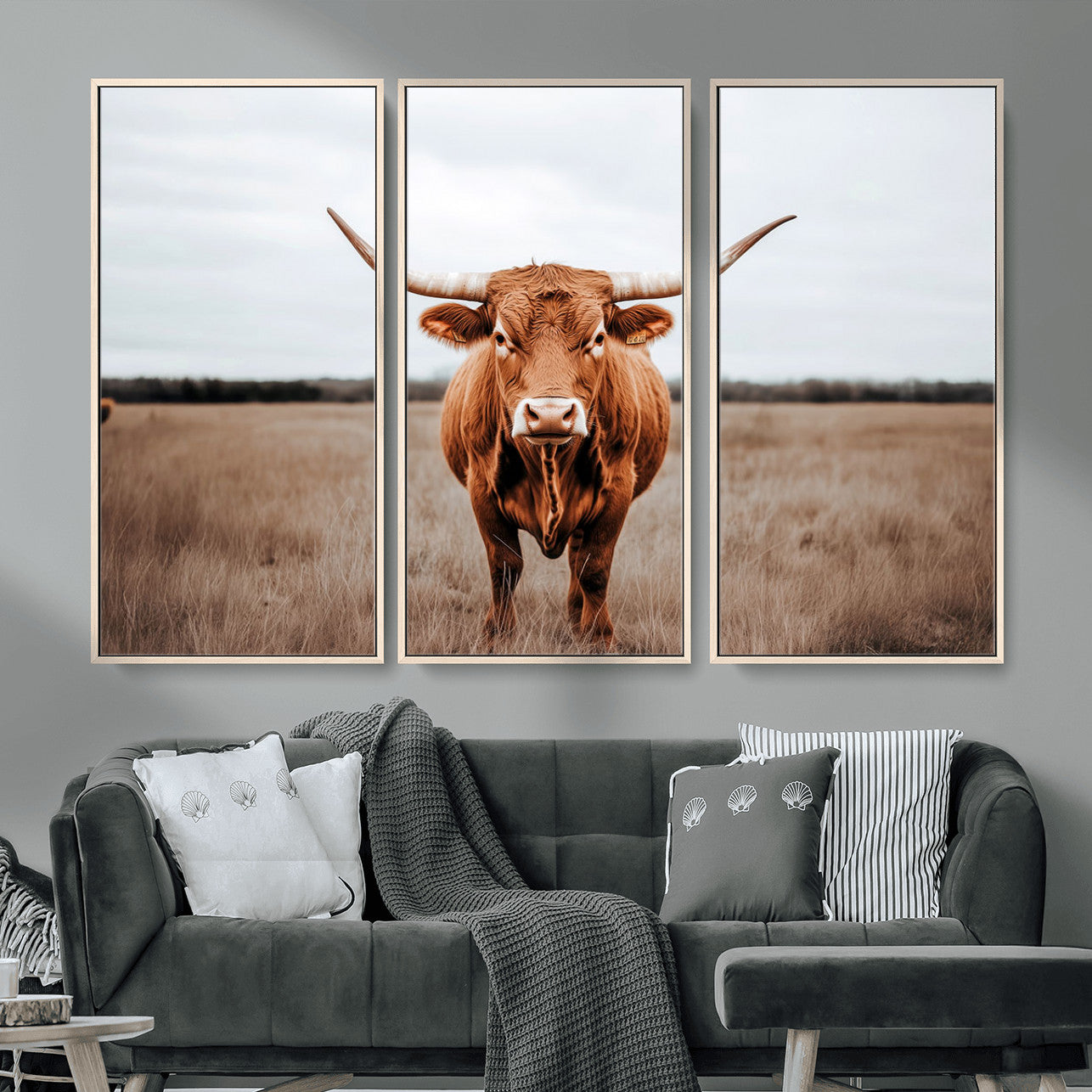 16316734-MGV-FC-48X32-3P - Longhorn bull, open field, rustic charm, natural beauty, Wall Art Canvas Print, countryside,