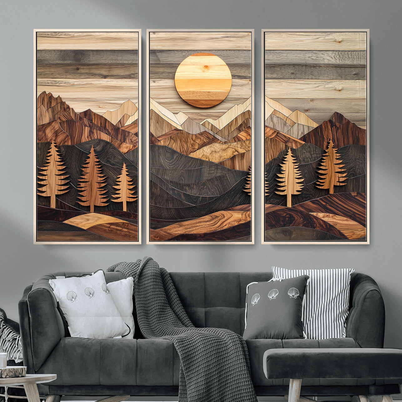 19832326-MGV-FC-48X32-3P - Wooden Mountain Landscape Layered Texture Geometric Shapes Sun Pine Trees Rustic Natural Tones Art