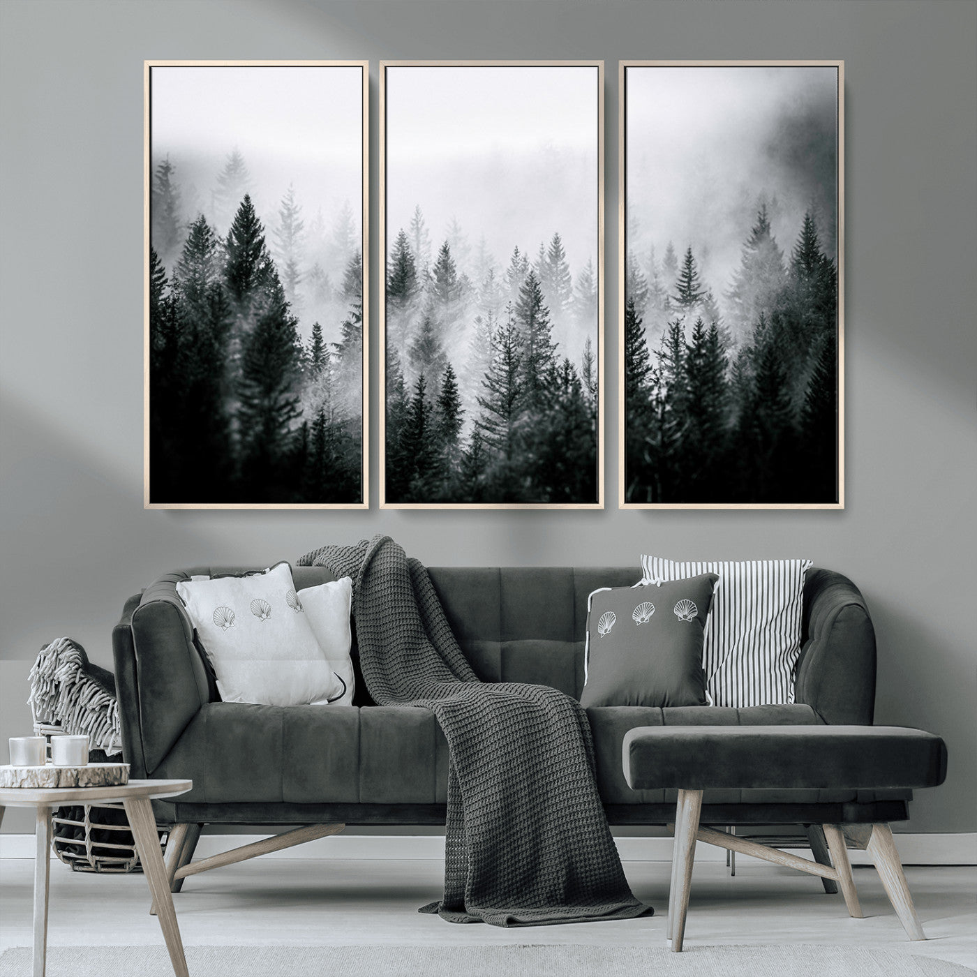 MGV-FC-48X32-3P - Foggy Pine Forest Canvas Wall Art – Black and White Nature Landscape Print, Horizontal Canvas for