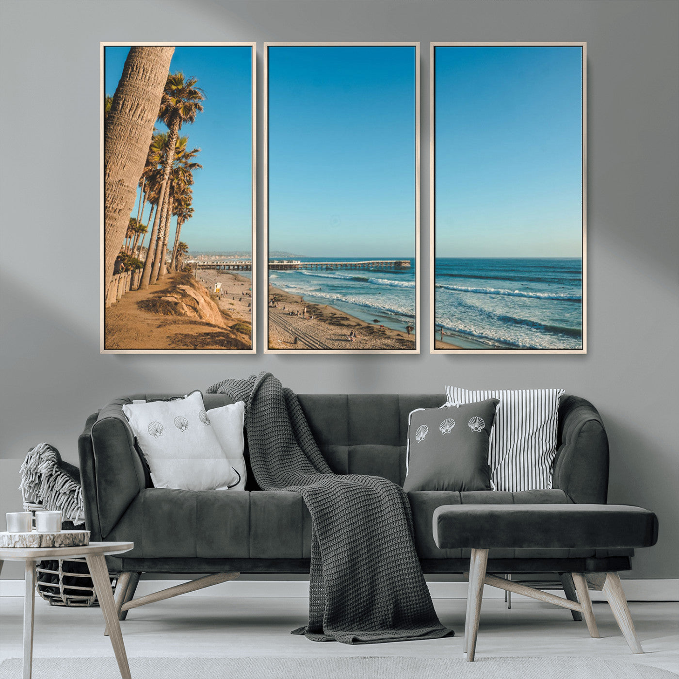 MGV-FC-48X32-3P - Scenic Beach with Tall Palm Trees, Sandy Shore, and Long Pier Stretching into the Calm Ocean Under