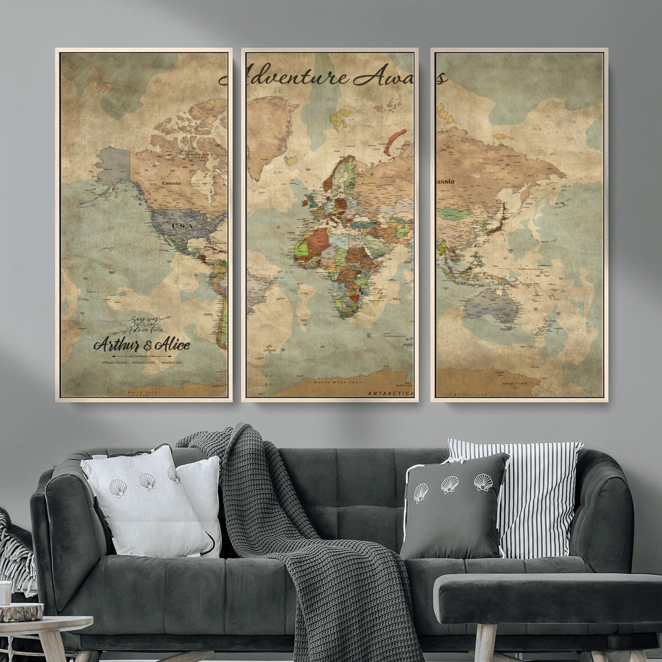 MGV-FC-48X32-3P - Personalized World Map Wall Art Canvas Print – Custom Push Pin Travel Map for Couples, Families, or Office Décor