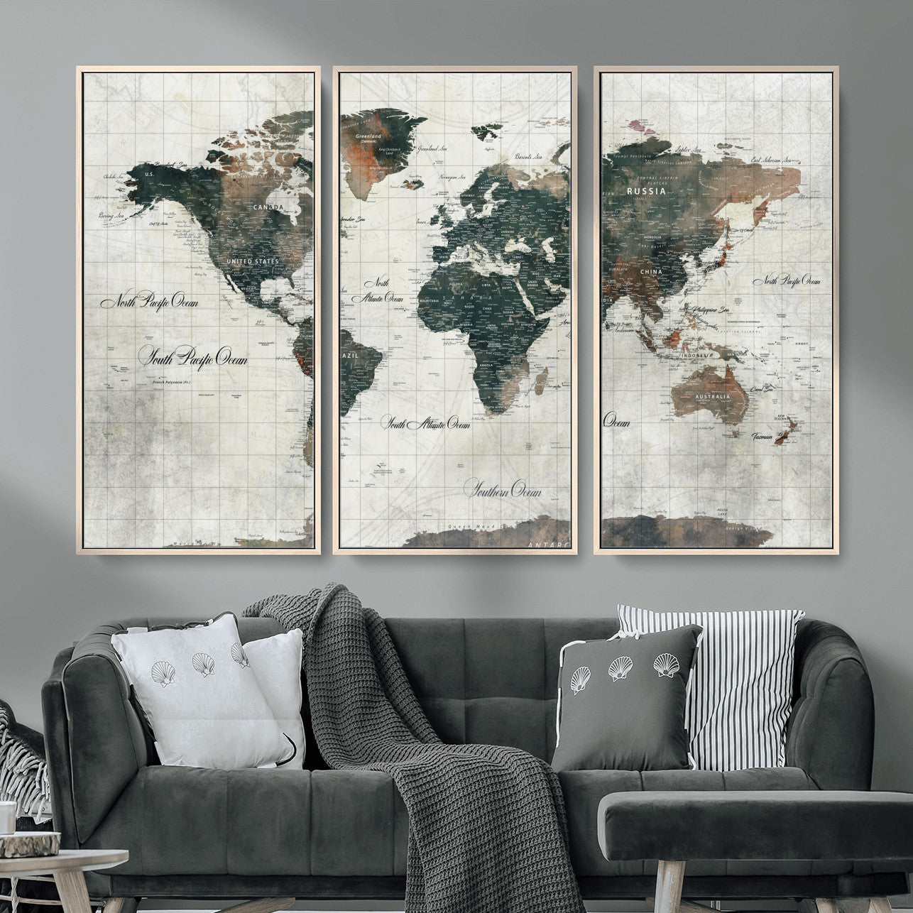 90149079-MGV-FC-48X32-3P - World Map Wall Art Canvas Print, Modern Decorative Framed Map Artwork Prints for Living Room, Office, Bedroom Wall Decor