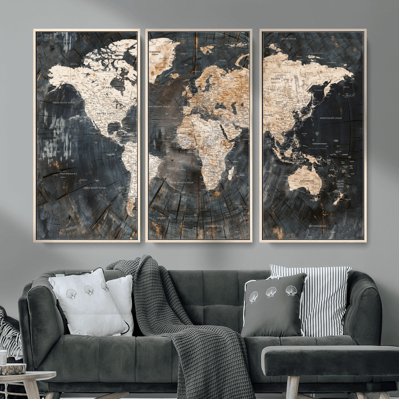 57626704-MGV-FC-48X32-3P - World Map Wall Art Canvas Print, Modern Decorative Framed Map Artwork Prints for Living Room, Office, Bedroom Wall Decor