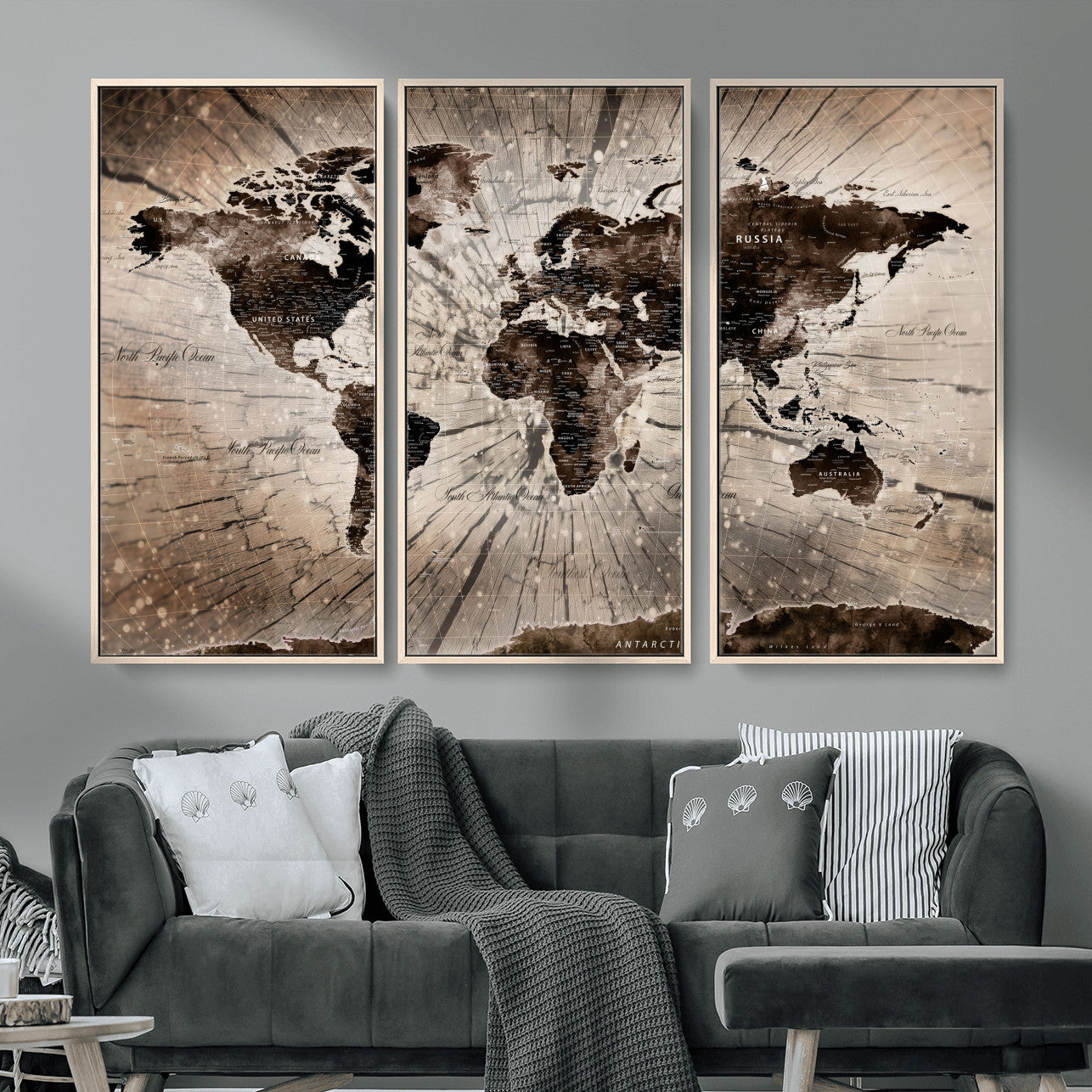 35326624-MGV-FC-48X32-3P - World Map Wall Art Canvas Print, Modern Decorative Framed Map Artwork Prints for Living Room, Office, Bedroom Wall Decor