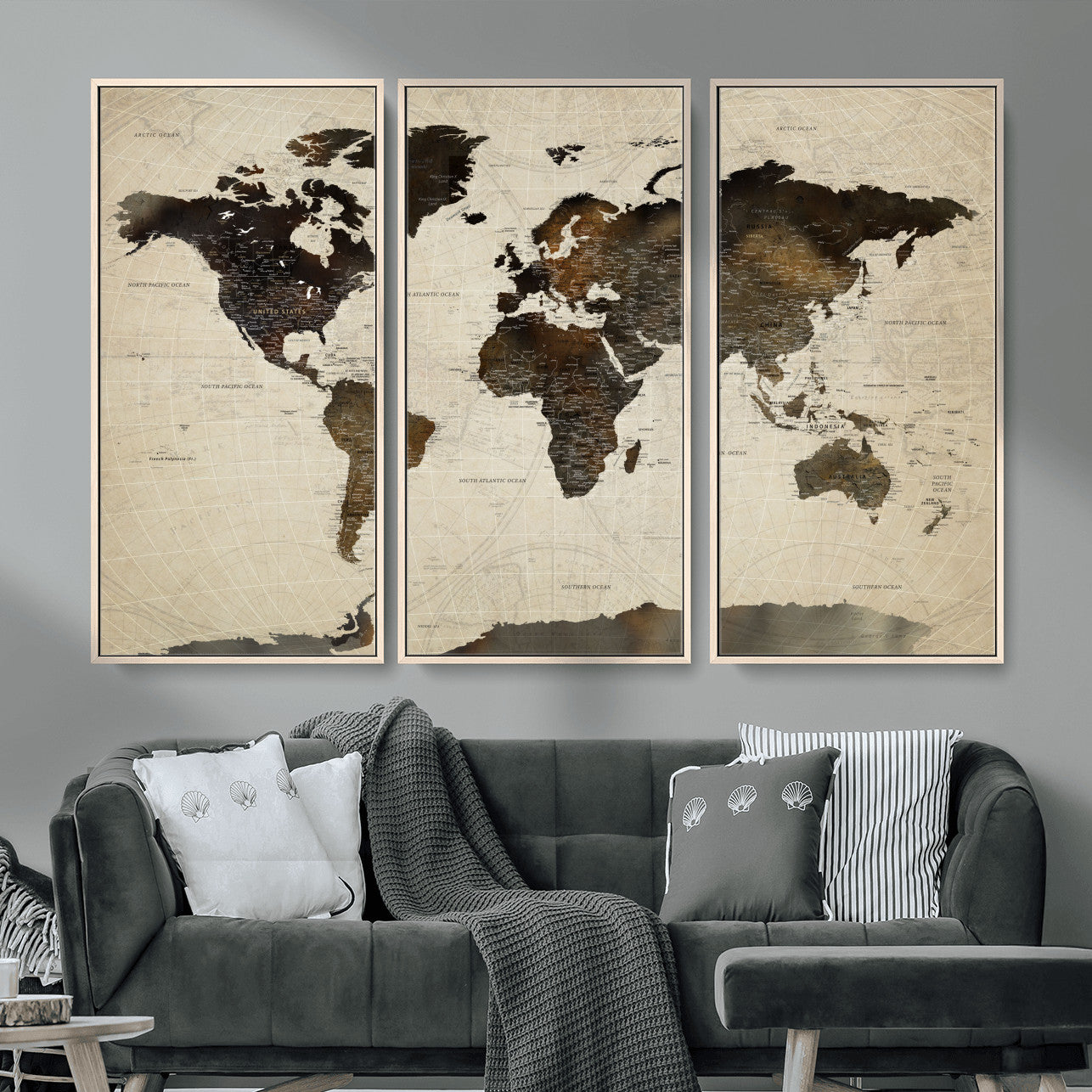 81771296-MGV-FC-48X32-3P - World Map Wall Art Canvas Print, Modern Decorative Framed Map Artwork Prints for Living Room, Office, Bedroom Wall Decor