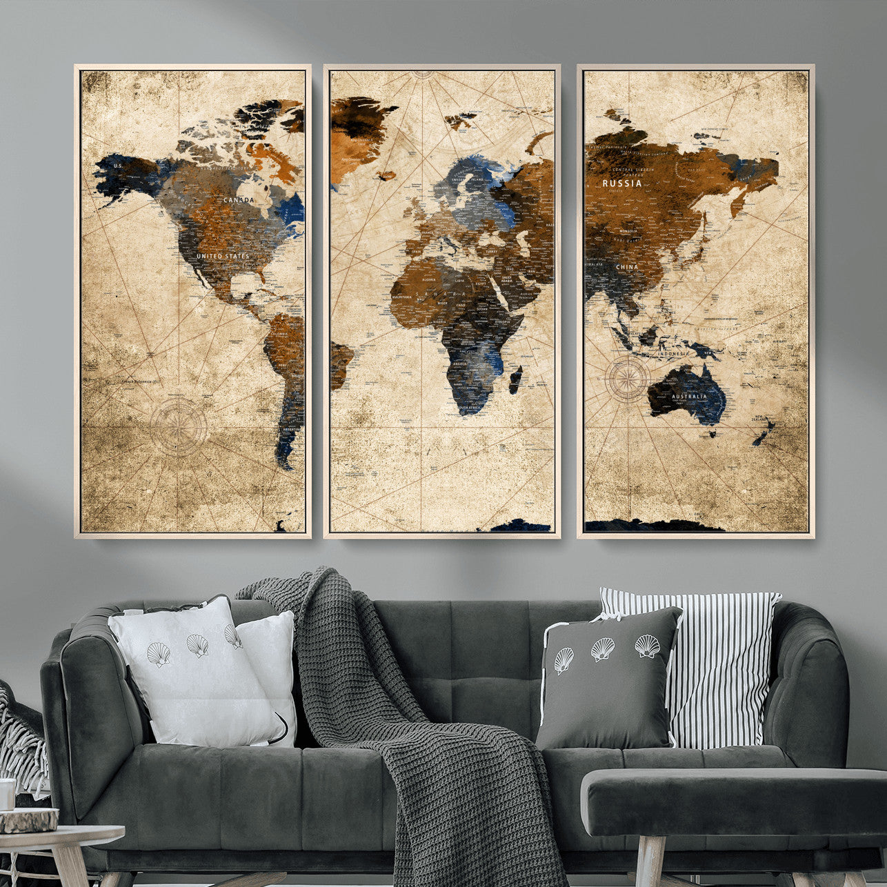 56297284-MGV-FC-48X32-3P - World Map Wall Art Canvas Print, Modern Decorative Framed Map Artwork Prints for Living Room, Office, Bedroom Wall Decor