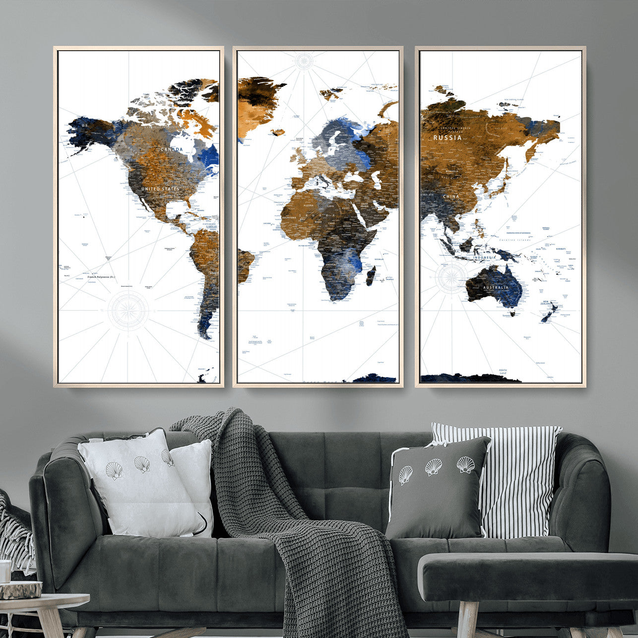 40862517-MGV-FC-48X32-3P - World Map Wall Art Canvas Print, Modern Decorative Framed Map Artwork Prints for Living Room, Office, Bedroom Wall Decor