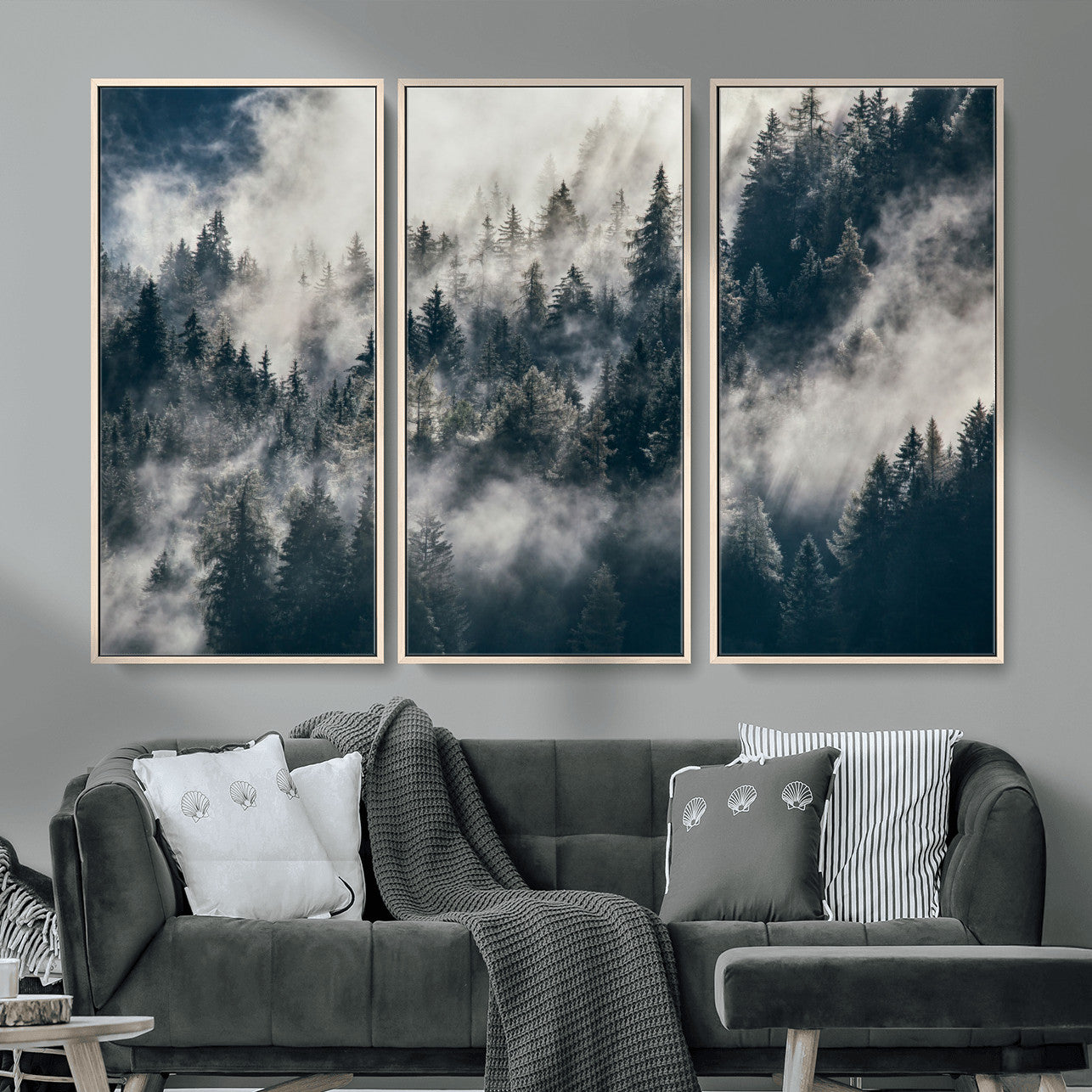 270372951-MGV-FC-48X32-3P - Misty Pine Forest Canvas Wall Art – Dark Forest Mountaing and Nature Landscape Print, Horizontal Canvas Print