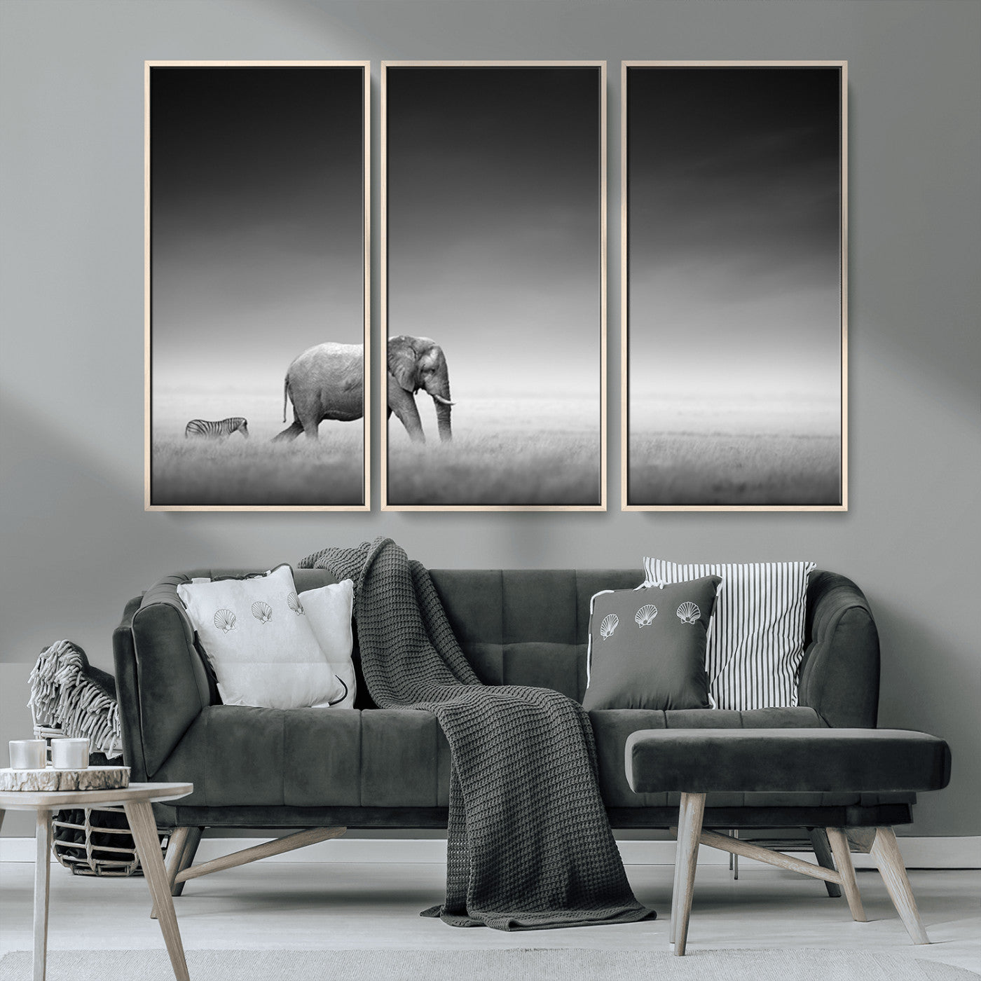 MGV-FC-48X32-3P - Elephand and Zebra Wall Art Canvas Print, Modern Artwork