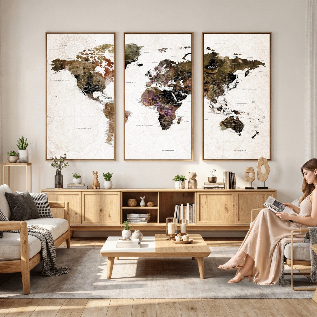 77651968-MGV-CV-36X24 - Watercolor World Map Print - Large Wall Art Canvas Print for