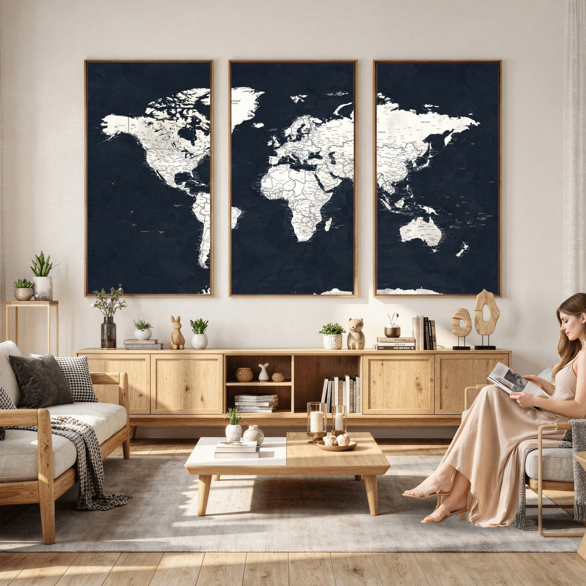 11963807-MGV-CV-36X24 - Black World Map Wall Art Canvas Print for Home Office and Meeting Room Decor
