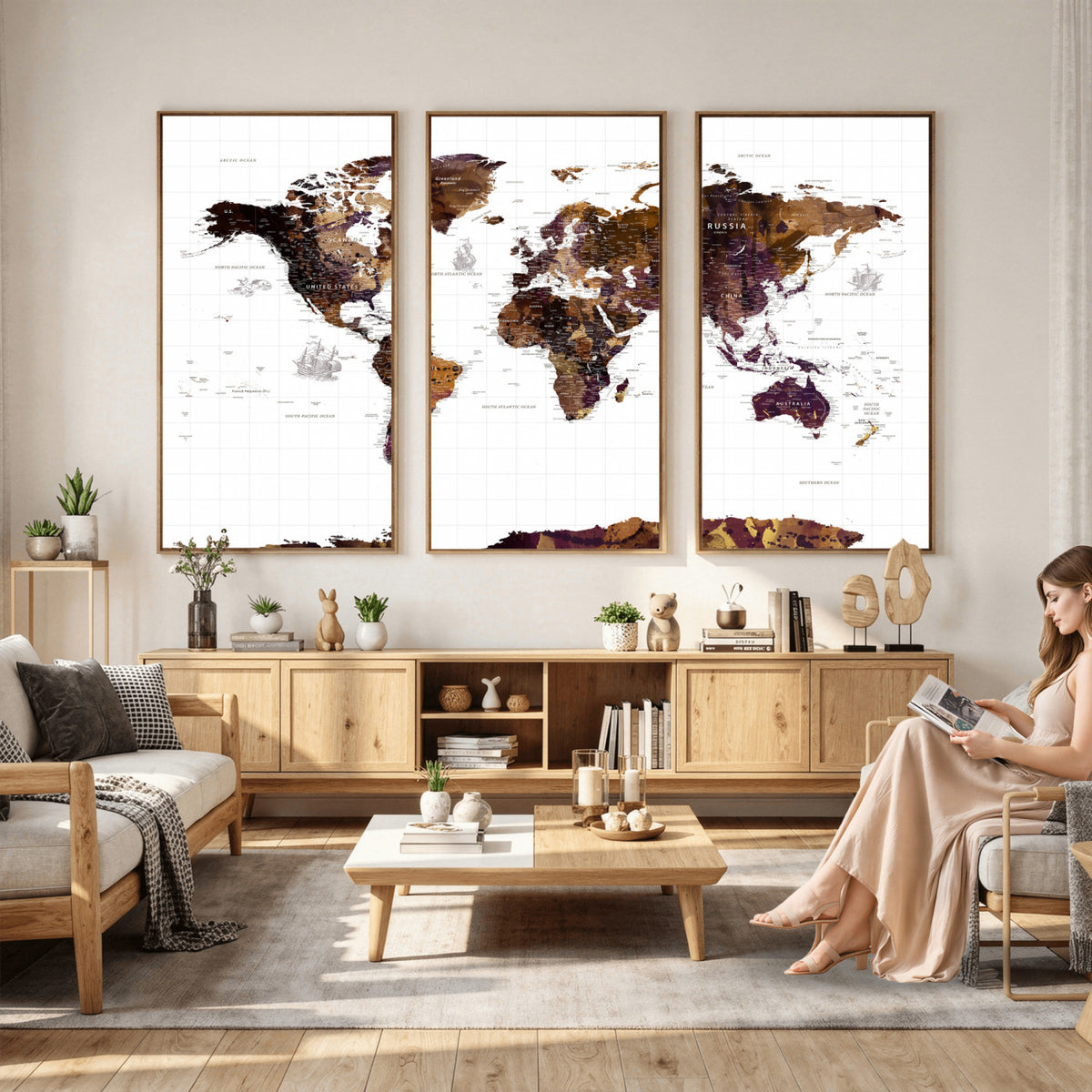 34792695-MGV-CV-36X24 - Rustic World Map Wall Art Canvas Print | Large Vintage Blue World Map on Wood Grain Style Background