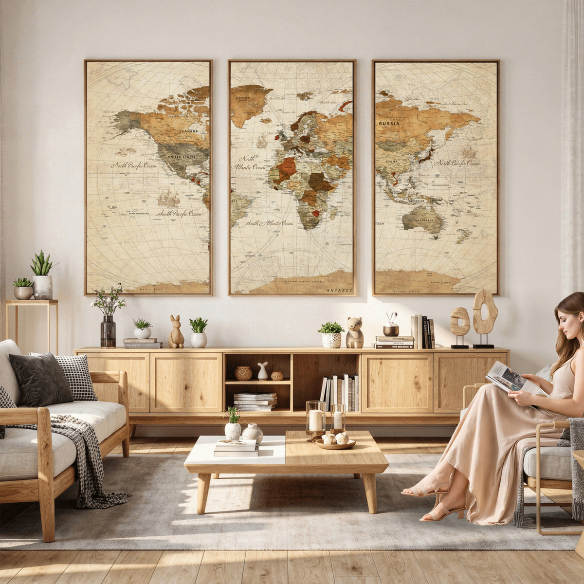 29684537-MGV-CV-36X24 - Vintage World Map Canvas Print, Framed Rustic Detailed Map of the World, Explorer Decor