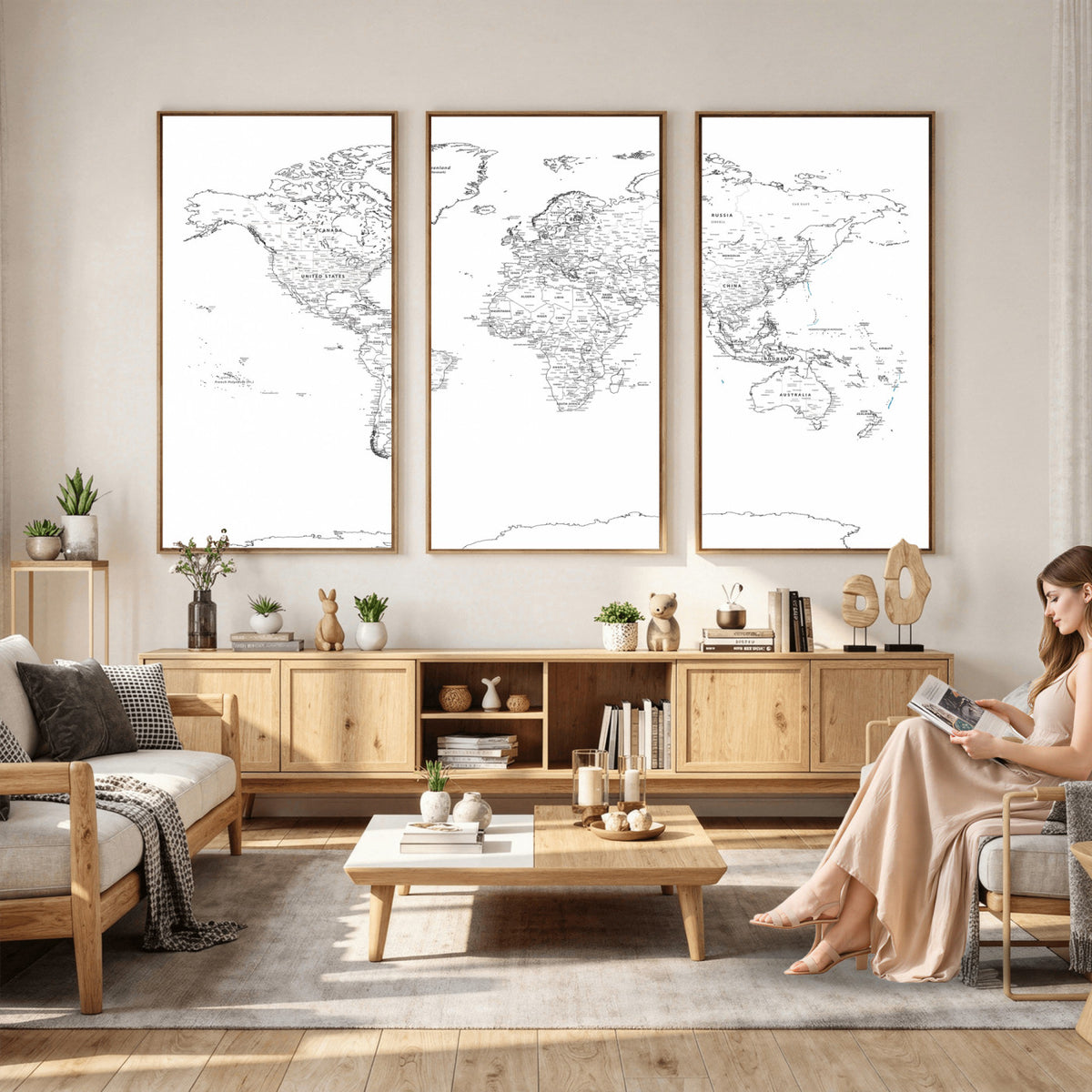 21002736-MGV-CV-36X24 - World Map Canvas Print, Framed Modern Detailed Map of the World for Home or Office