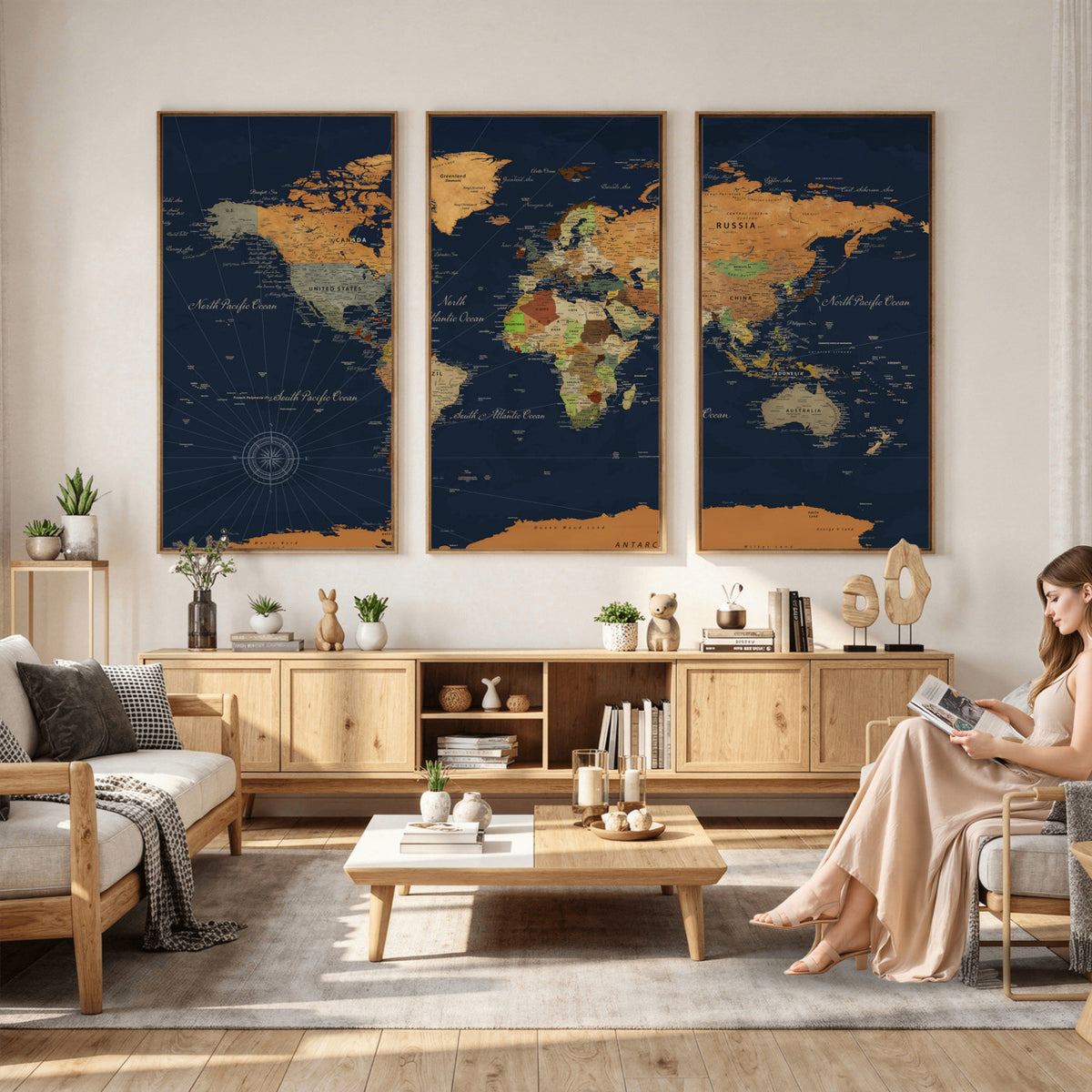 11715182-MGV-CV-36X24 - Modern World Map Canvas Print, Framed Detailed Map of the World Wall Art