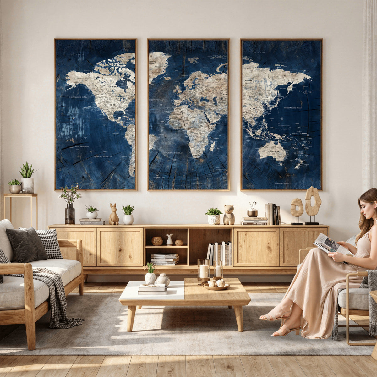56126010-MGV-CV-36X24 - Large Blue World Map Wall Art Canvas Print for Home Office