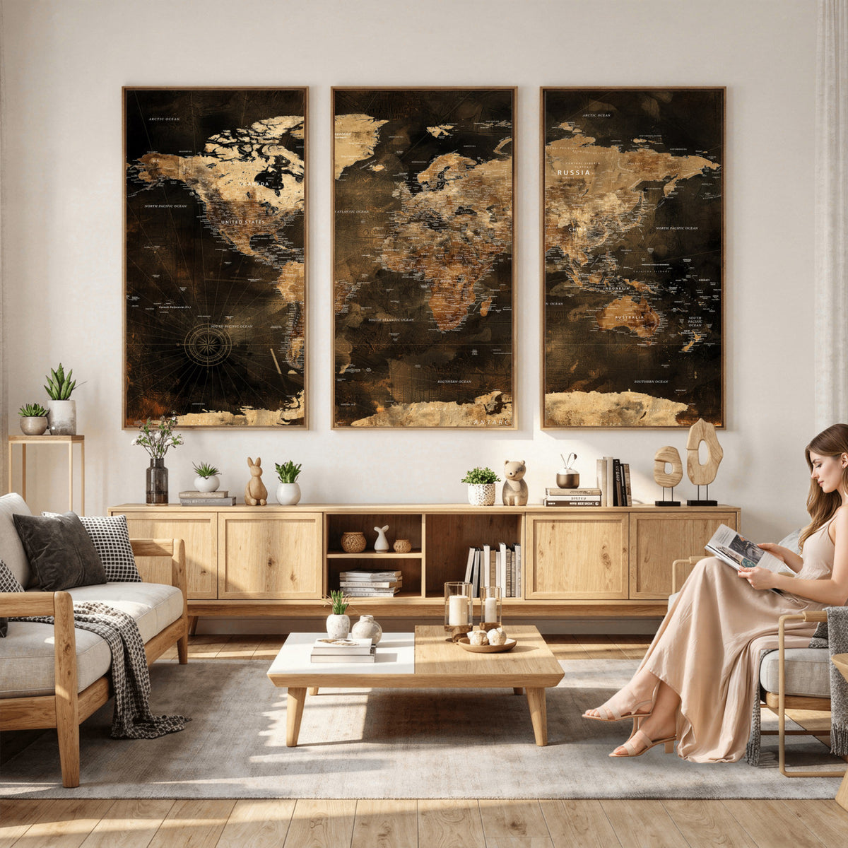 97742922-MGV-CV-36X24 - World Map Canvas Print, Modern Decorative Framed Map Artwork