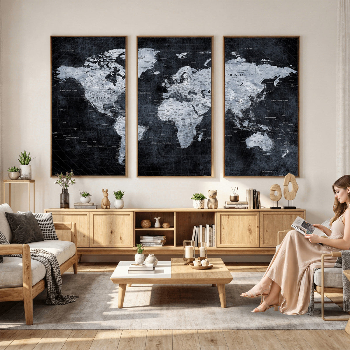 86893704-MGV-CV-36X24 - Black World Map Canvas Print | Detailed Map for Couples and Anniversary Gift