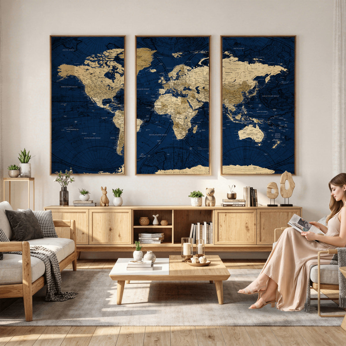 54770746-MGV-CV-36X24 - Navy Blue World Map Canvas Print – Detailed Map Minimal Navy