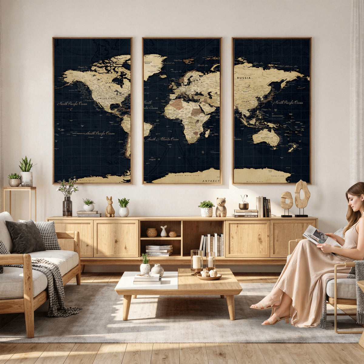 45063434-MGV-CV-36X24 - Dark World Map Canvas Wall Art Print, Minimal Black and Gold Map