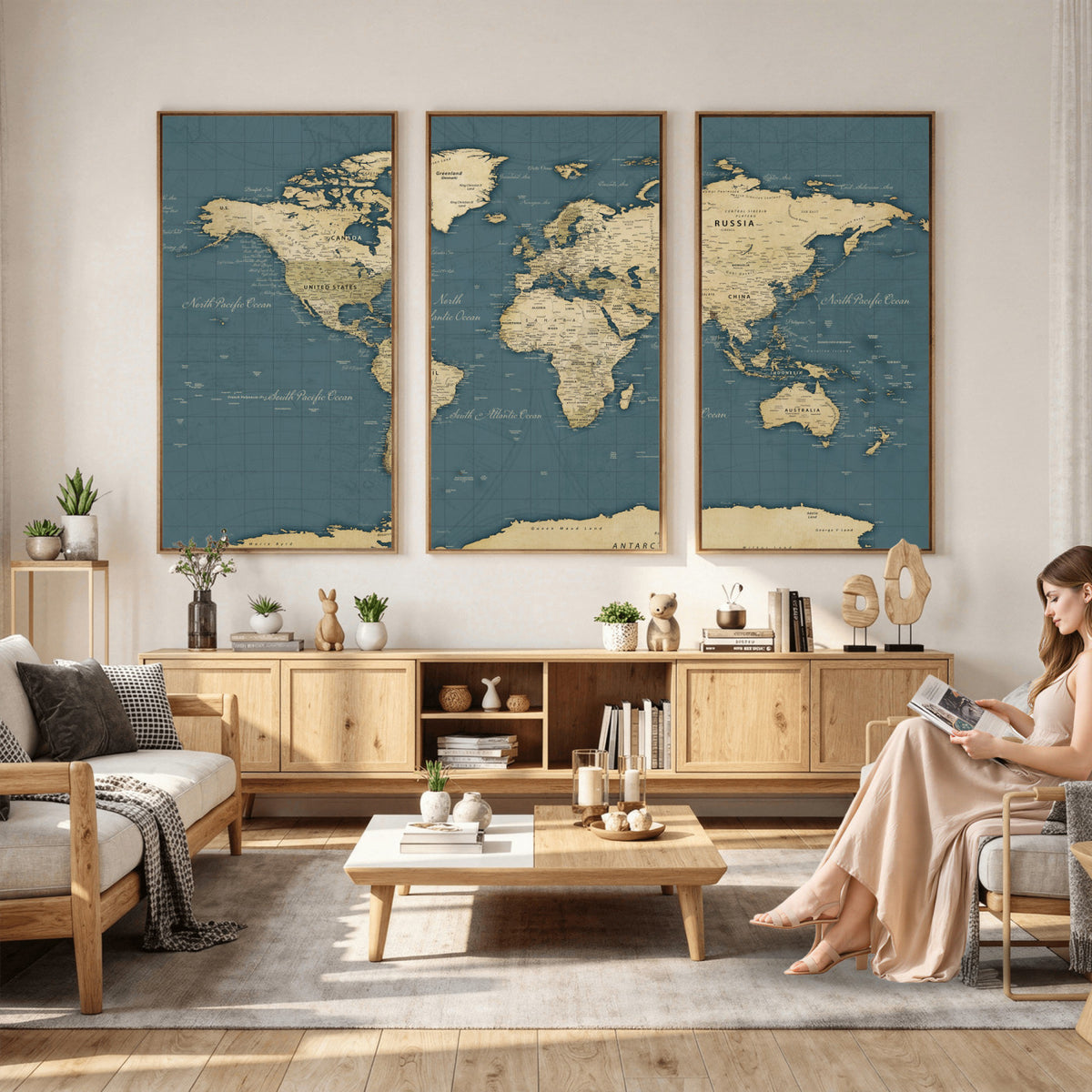 99599383-MGV-CV-36X24 - Minimal Vintage World Map Canvas Wall Art Print, Neutral