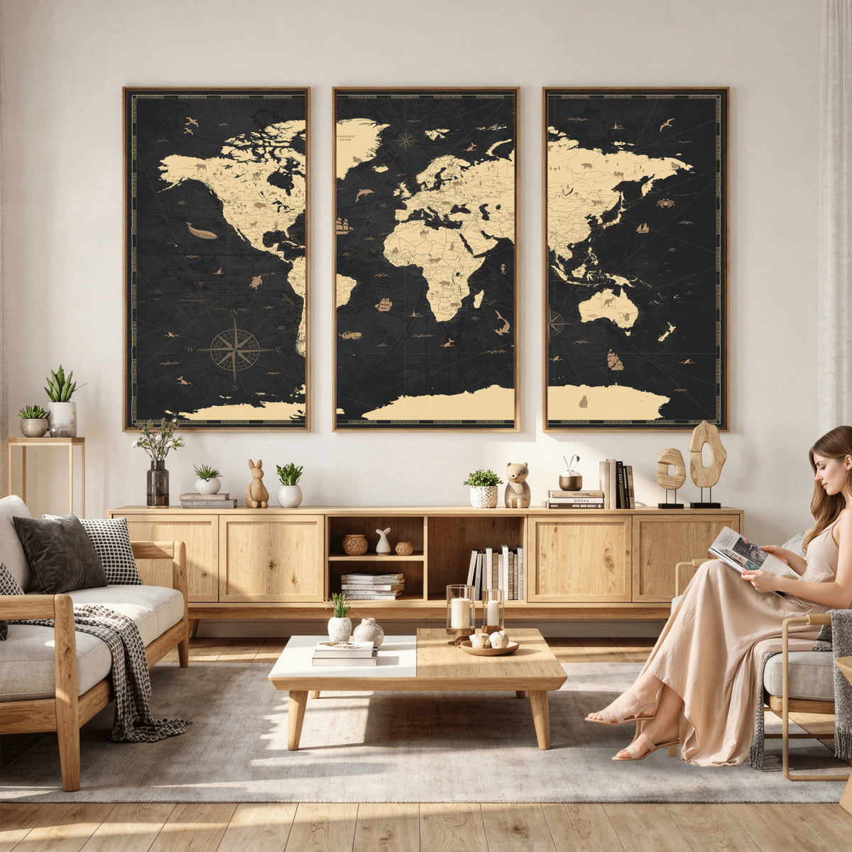 75220264-MGV-CV-36X24 - World Map Wall Art Canvas Print, Modern Decorative Framed Map Artwork Prints for Living Room, Office, Bedroom Wall Decor