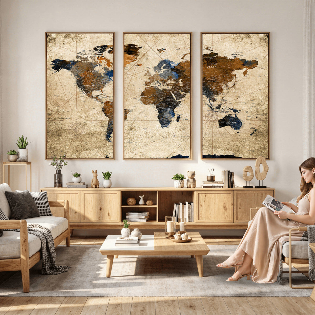 27163414-MGV-CV-36X24 - World Map Wall Art – Rustic Earth Tone Canvas Print, Antique