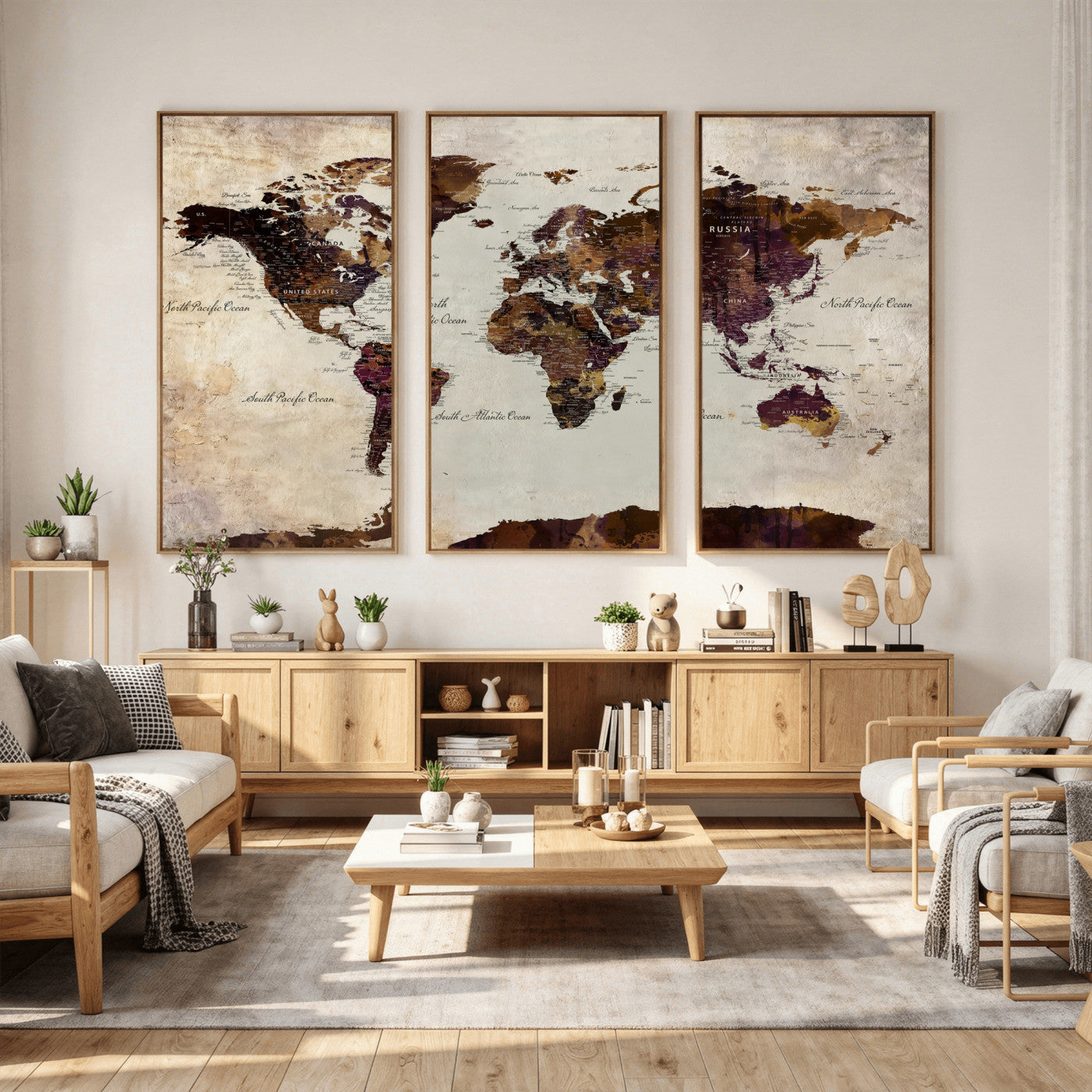 50611123-MGV-CV-36X24 - World Map Canvas Triptych – Colorful Global Wall Art for Living Rooms, Offices, and Study Spaces