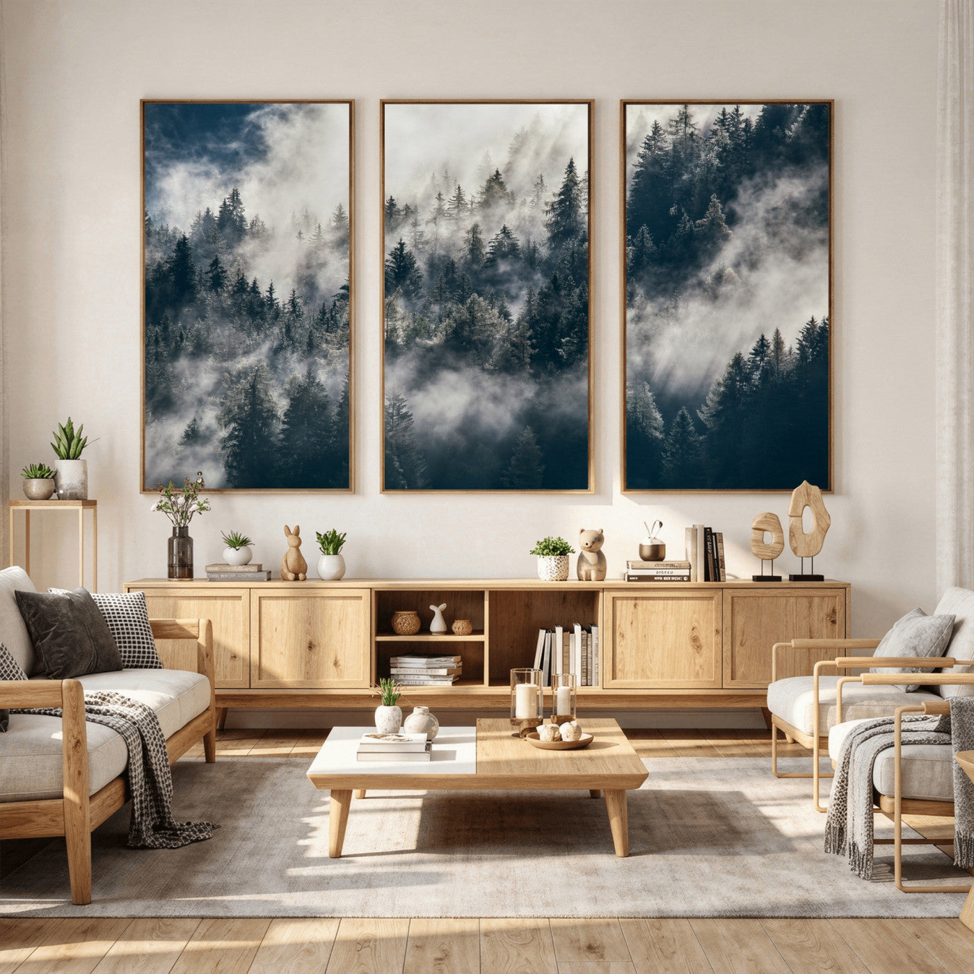 63405824-MGV-CV-36X24 - Foggy Mountain Forest Canvas Print, Misty Pine Trees Nature Wall Art, Framed Canvas Ready to Hang