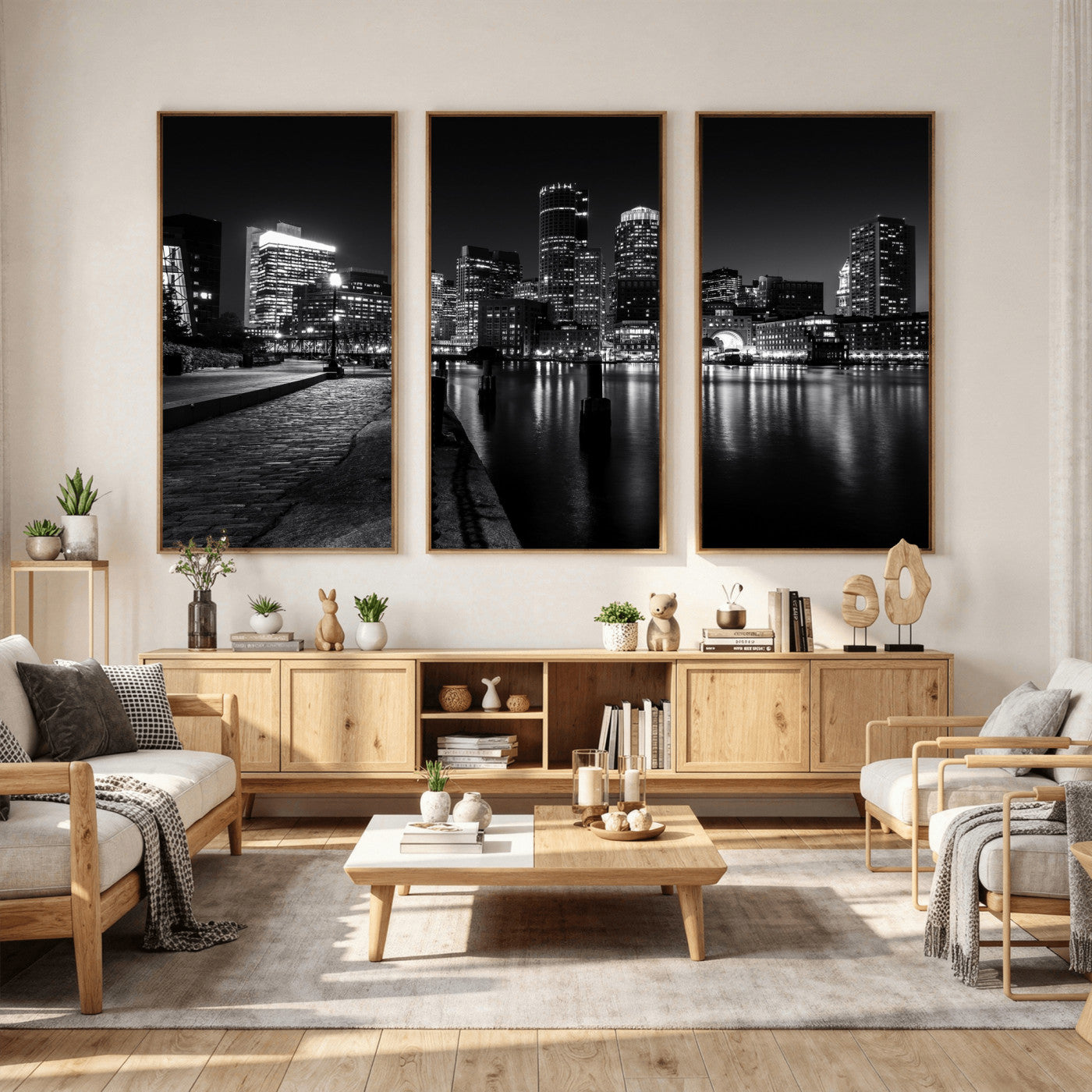 53082656-MGV-CV-36X24 - Boston Wall Art Canvas Print, Boston City Downtown Night Cityscape Print for Modern Urban Wall Decor