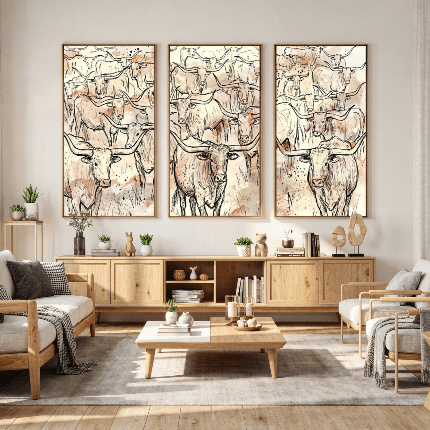 94055403-MGV-CV-36X24 - Farmhouse Animals Wall Art Canvas Print - Abstract Farm Animal Drawing Mid-Century Wall Art for Cabin Decor