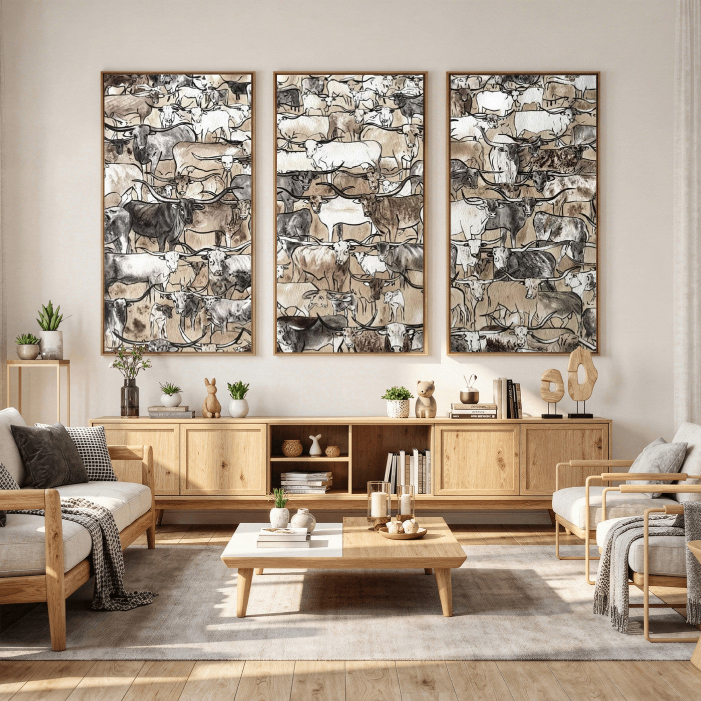 64368752-MGV-CV-36X24 - Farmhouse Animals Wall Art Canvas Print - Abstract Farm Animal Drawing Mid-Century Wall Art for Cabin Decor