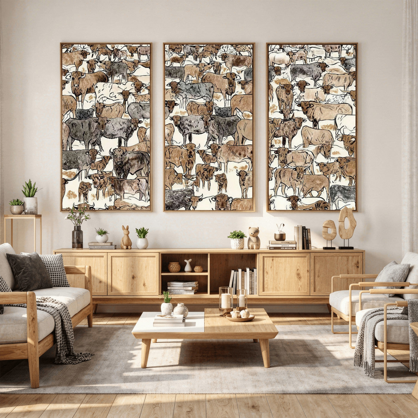 76902119-MGV-CV-36X24 - Farmhouse Animals Wall Art Canvas Print - Abstract Farm Animal Drawing Mid-Century Wall Art for Cabin Decor