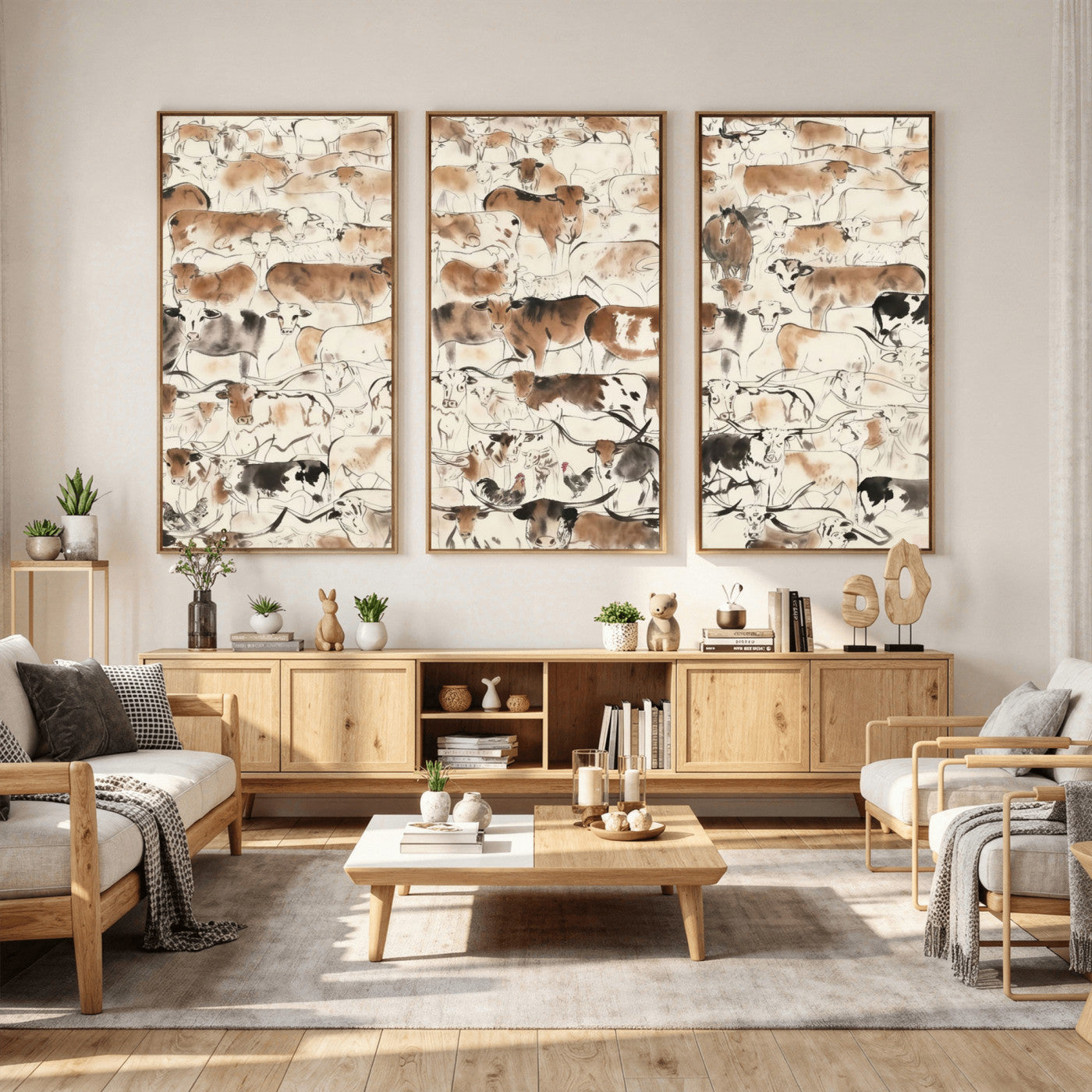 69961368-MGV-CV-36X24 - Farmhouse Animals Wall Art Canvas Print - Abstract Farm Animal Drawing Mid-Century Wall Art for Cabin Decor