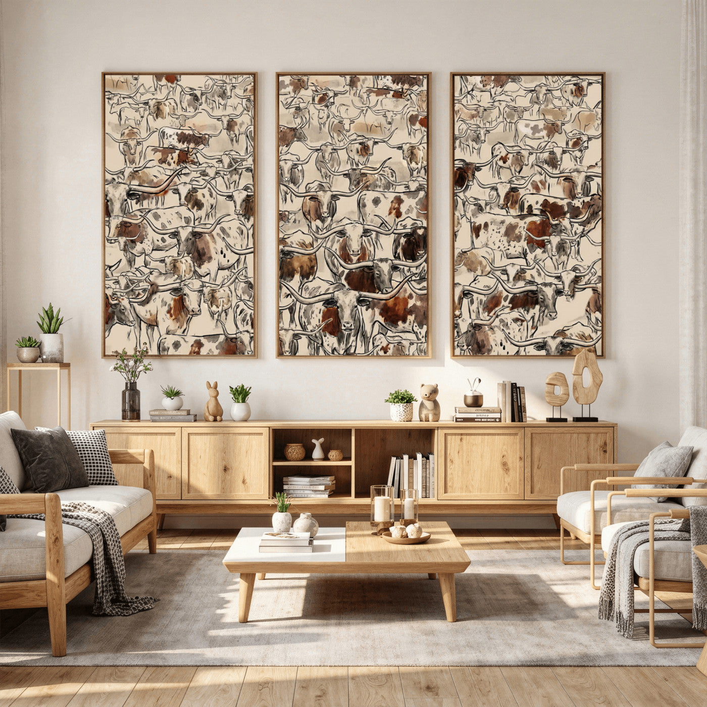 94808502-MGV-CV-36X24 - Farmhouse Animals Wall Art Canvas Print - Abstract Farm Animal Drawing Mid-Century Wall Art for Cabin Decor