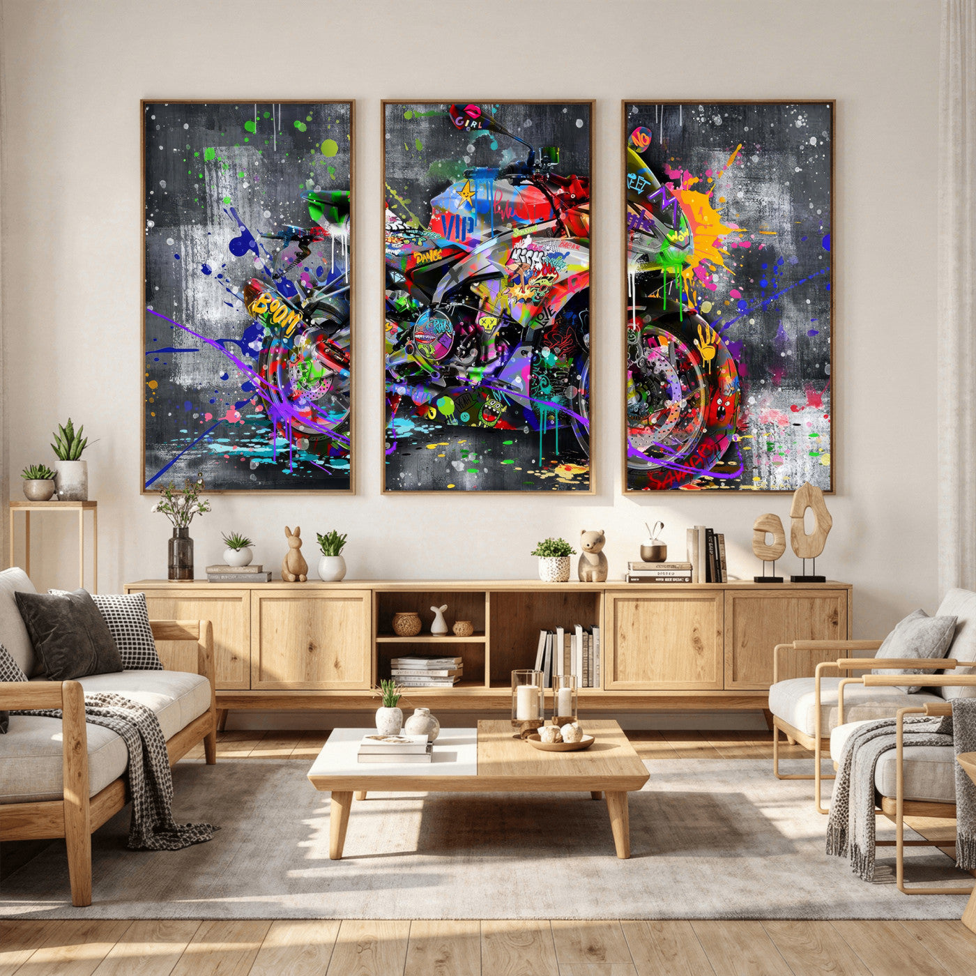 83021767-MGV-CV-36X24 - Graffiti Motorcycle Wall Art Canvas Print, Urban Street Art Motorbike Decor, Colorful Graffiti Sports Bike Artwork