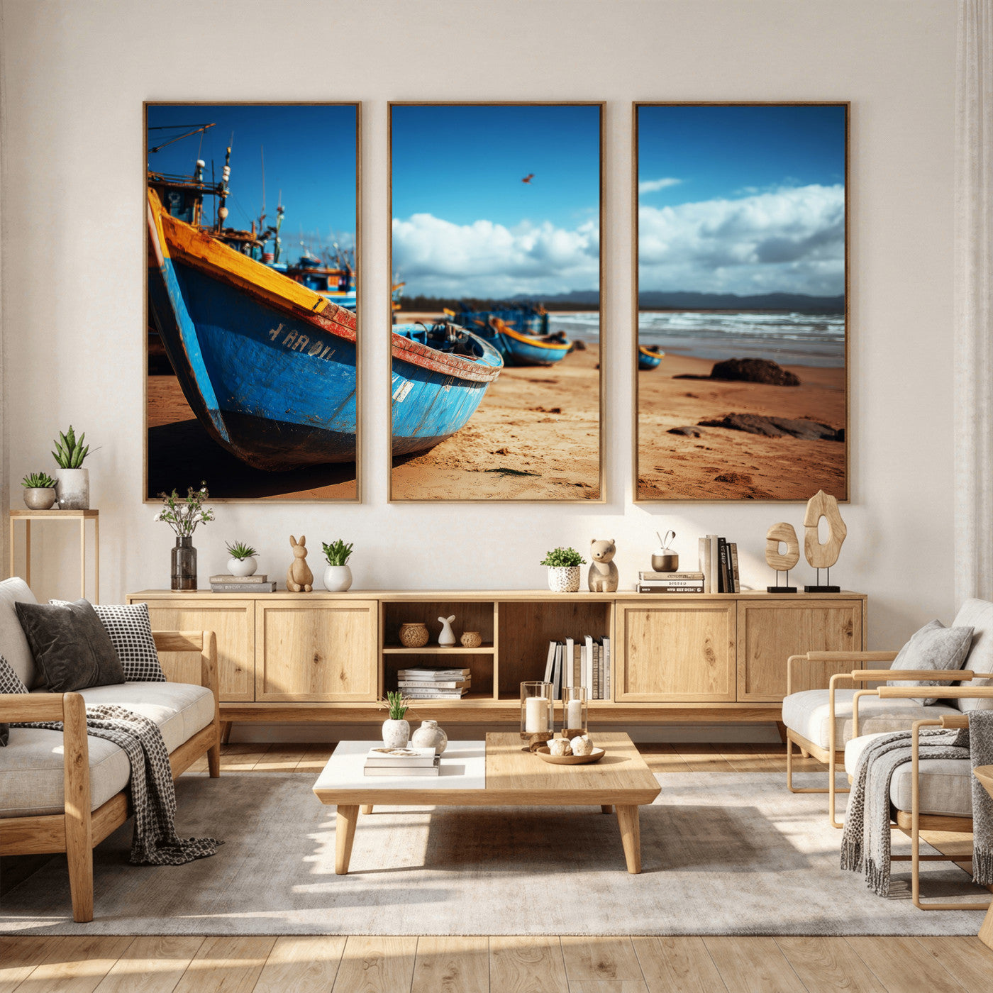 70925201-MGV-CV-36X24 - Fishing Boats Wall Art Canvas Print, Coastal Boat Beach Scene, Nautical Seaside Artwork, Ocean Shore Decor, Coastal Home Wall Art