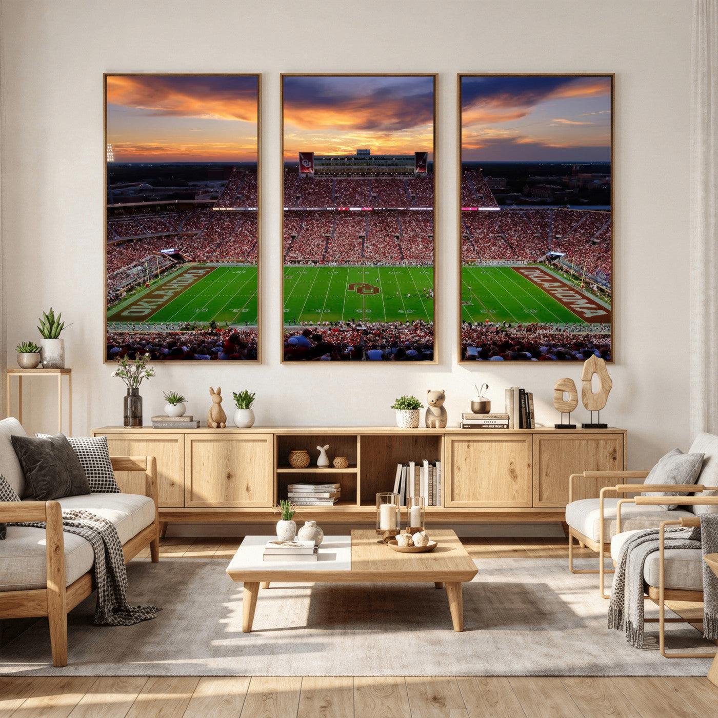51457497-MGV-CV-36X24 - Oklahoma Sooners Stadium Wall Art Canvas Print, College Football Sunset Game Scene, OU Football Field Panorama Wall Decor