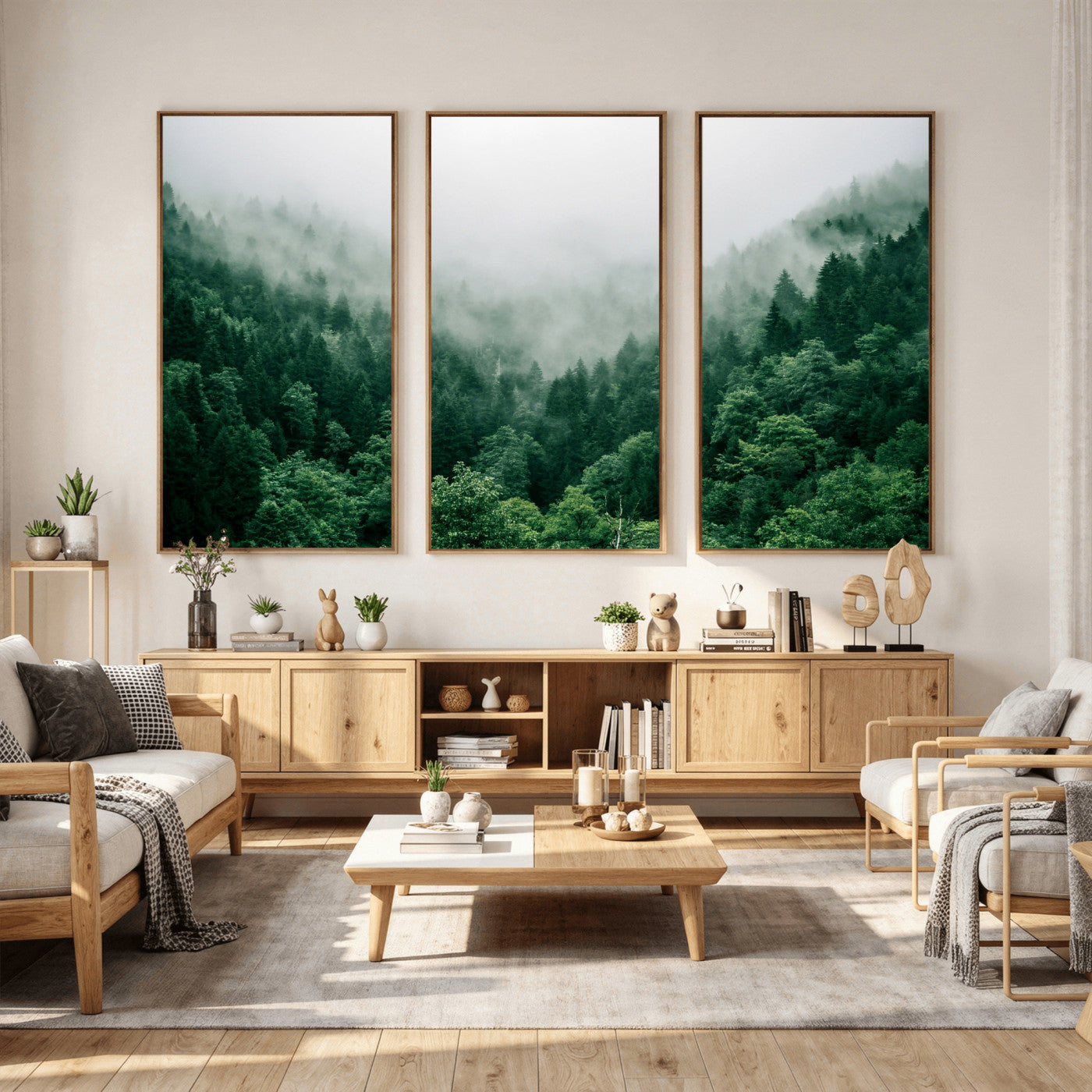 61640815-MGV-CV-36X24 - Misty Pine Forest Wall Art Canvas Print, Foggy Evergreen Landscape Wall Decor, Moody Green Nature Artwork, Minimal Forest Canvas Wall Art, Framed Canvas Wall Art Ready to Hang